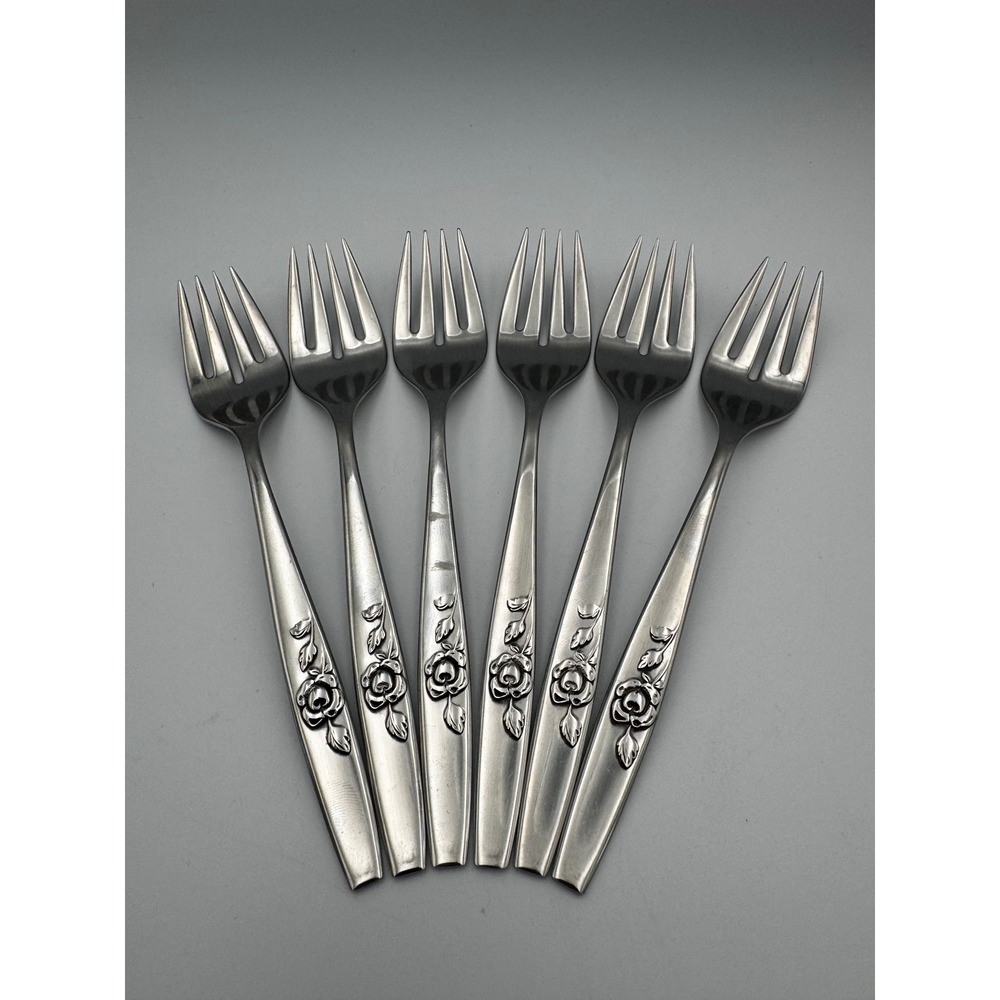 Lot of 6 Vintage Oneida Our Rose Stainless Salad Dessert Forks 1964 Glossy